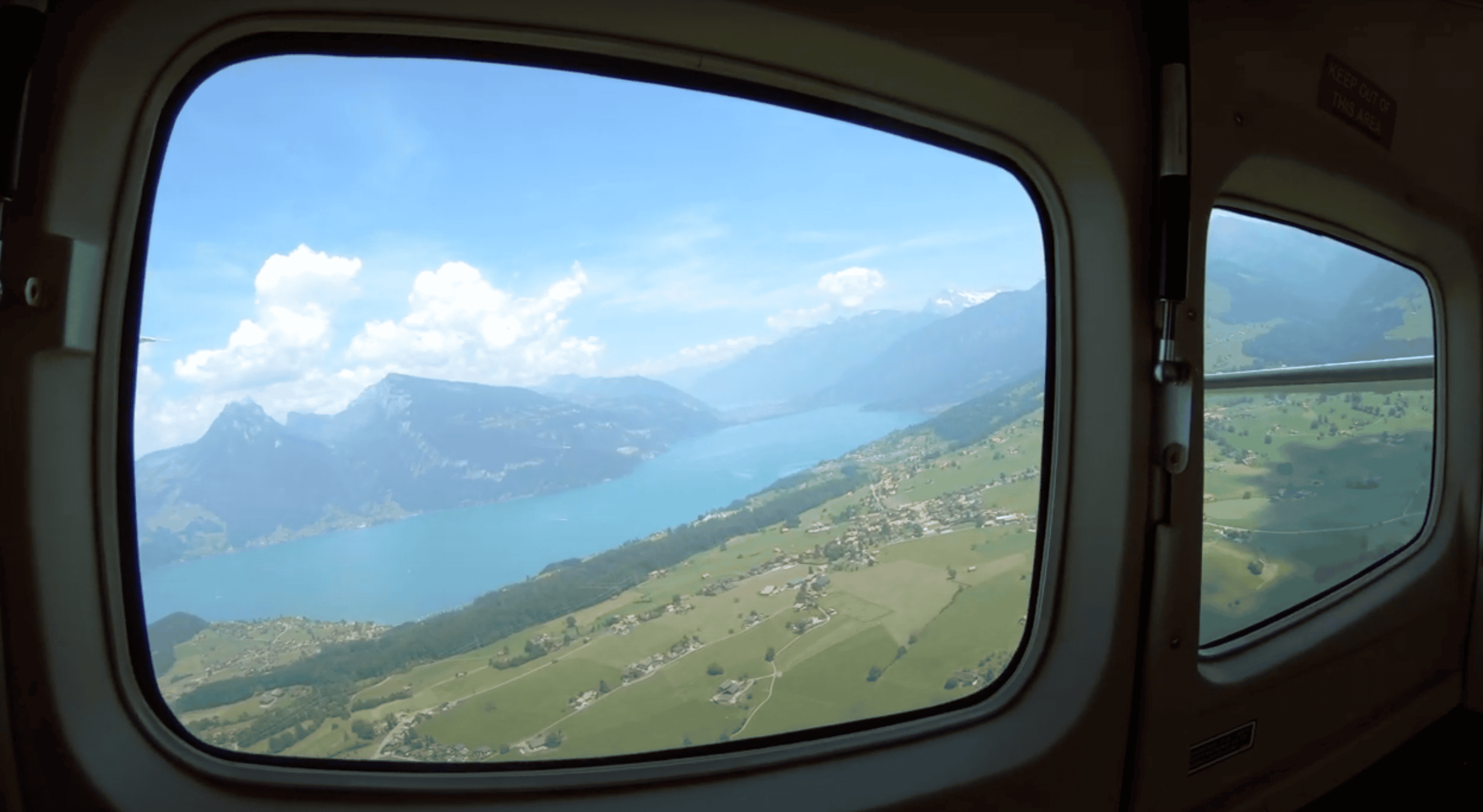 A view from a plane of one of the emerald blue lakes in Interlaken, Switzerland.